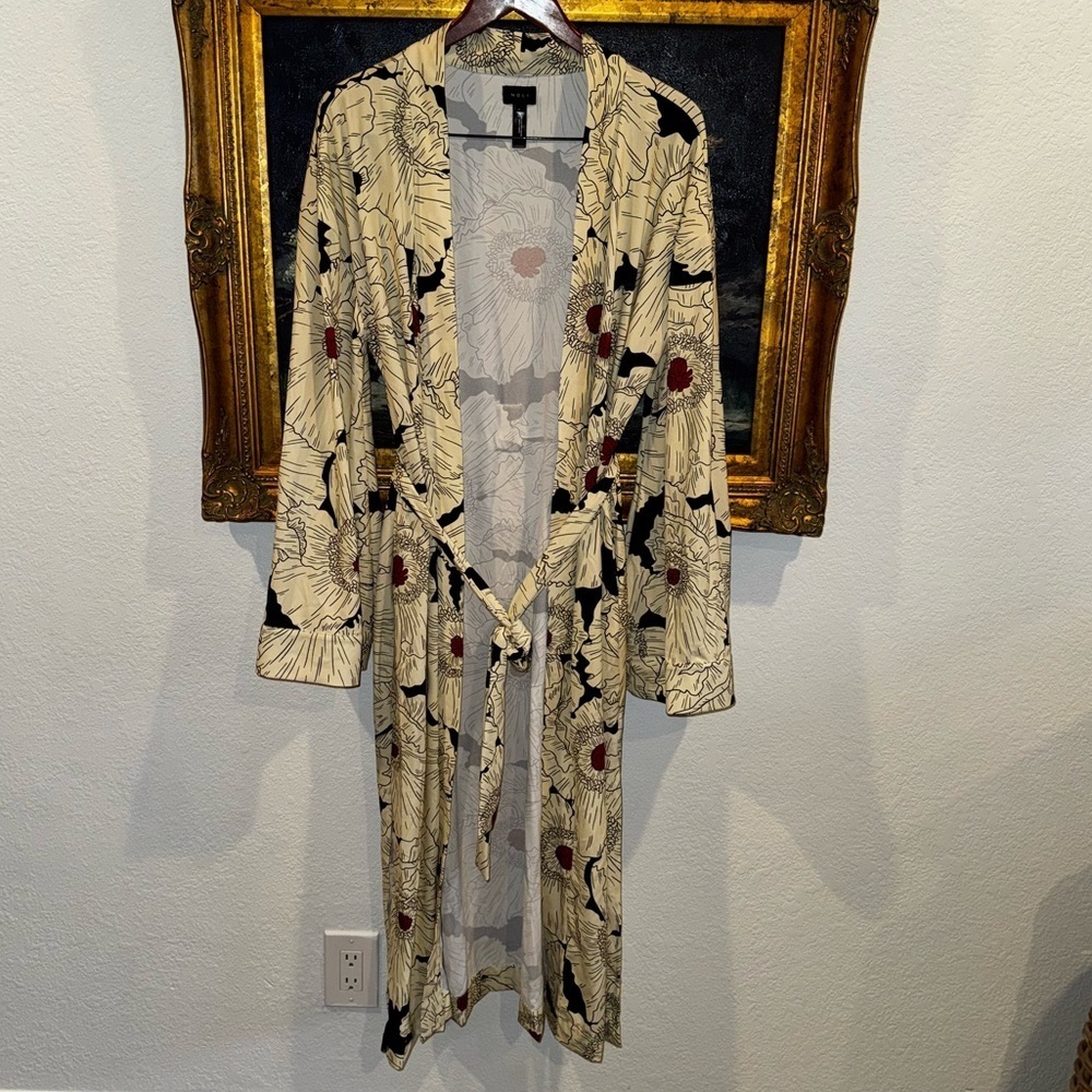 Noli Intimates Cream Bell Sleeve Poppy Print Tie Waist Robe with Pockets Slits L - Picture 3 of 7